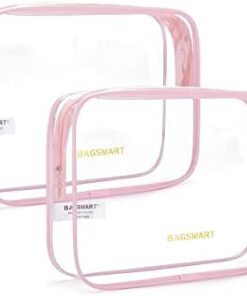 BAGSMART Clear Toiletry Bag, 2 Pack TSA Approved Carry on Travel Accessories Bag Airport Airline Quart Size Bags Water Repellent Makeup Cosmetic Bag for Women (Pink-2pcs)